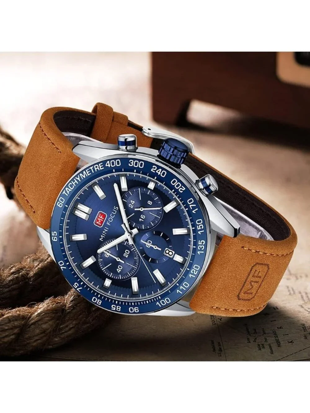 Men's Brown And Blue Analog Quartz Waterproof Chronograph Stylish Casual Watch